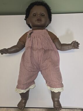 Vintage 1980s Zapf Creation African American Baby Doll 65-20 Red Striped Overall